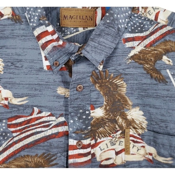 Magellan Outdoors Shirt Mens 2XL Blue Red Patriotic American Flag Bald Eagle SS - Picture 4 of 10